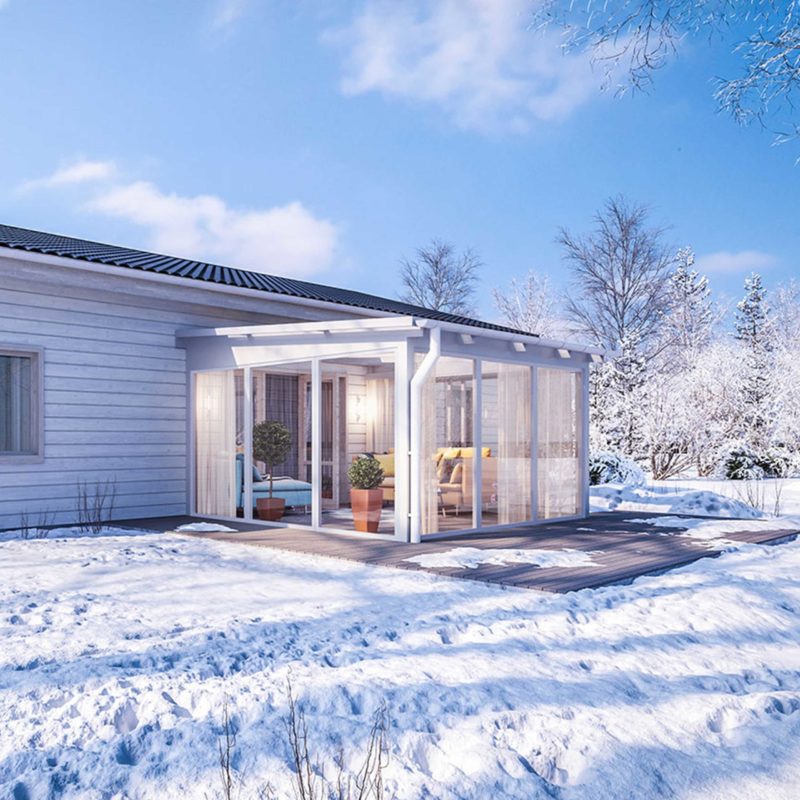 Halle kompletta uterum alltid 15 kvm pulpettak uterumssats med tak i kanalplast och uterumspartier