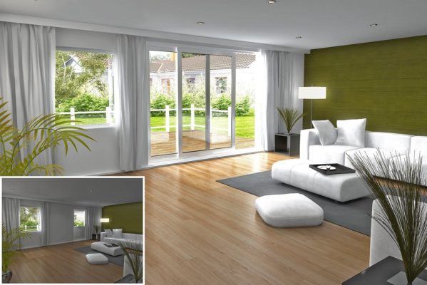 Vardagsrum med ett lyft / glid parti har ett ljust och modernt utseende med Halle Fasad