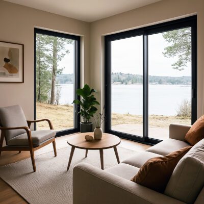 Fasadpartier svarta partier i vardagsrum glasfasader från halle sapa