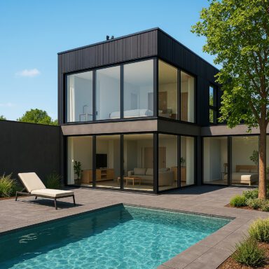 Modernt hus med glaspartier fasta och öppningsbara från sapa och halle