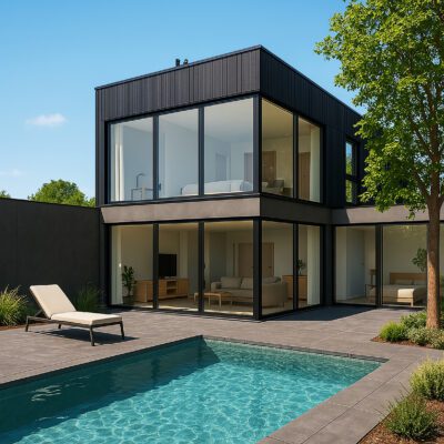 Modernt hus med glaspartier fasta och öppningsbara från sapa och halle