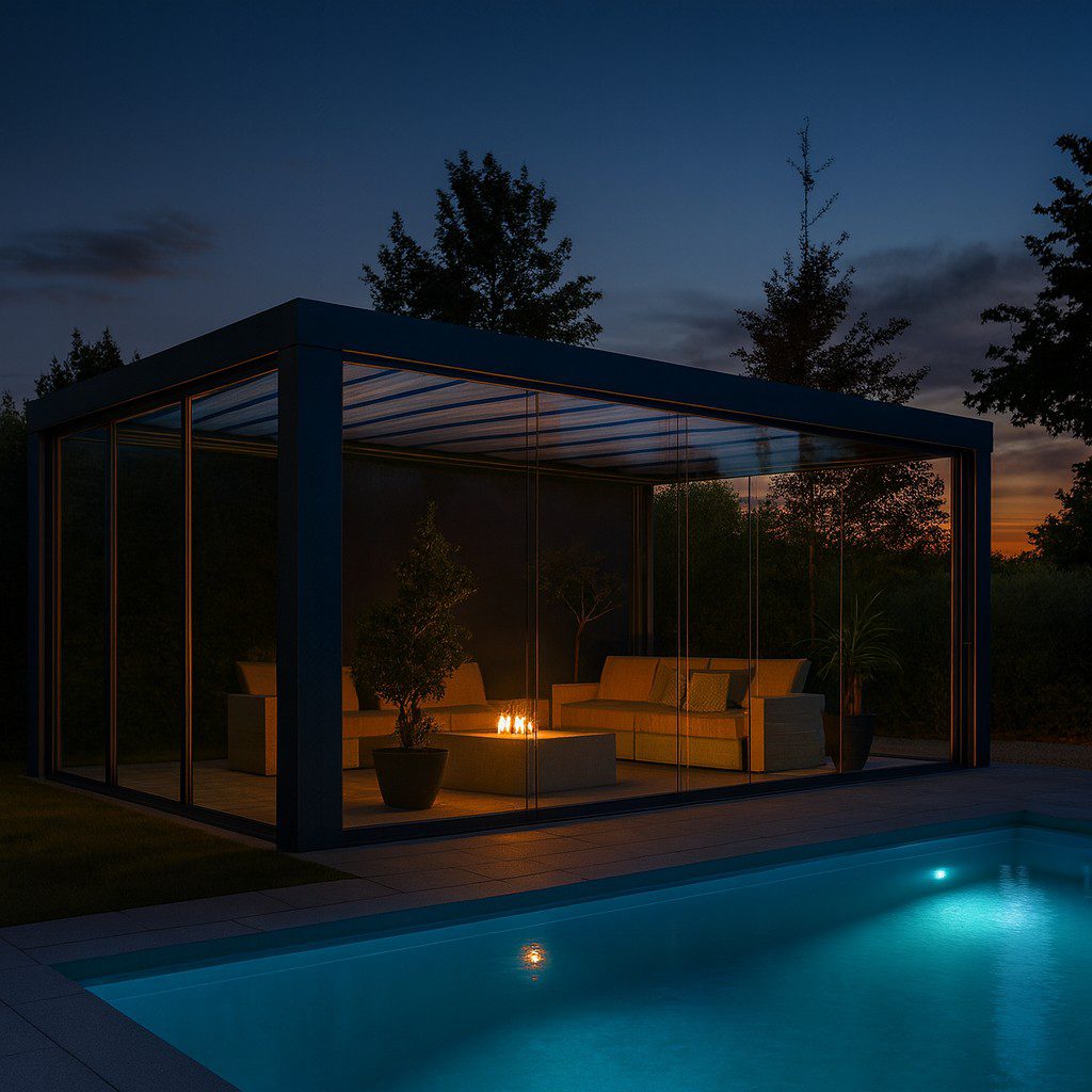 Fristående pergola med glastak och skjutdörrar