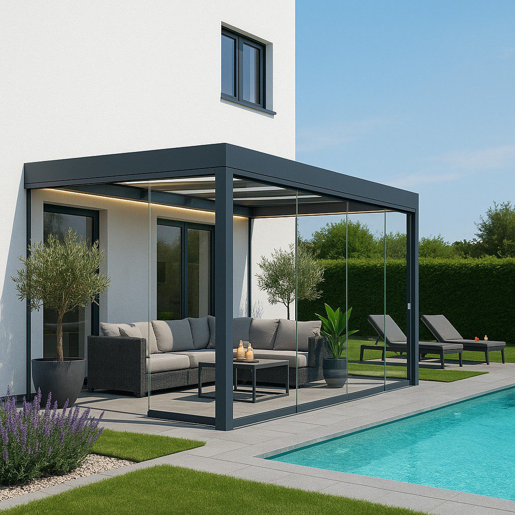 väggmonterad pergola med glasdörrar och glastak